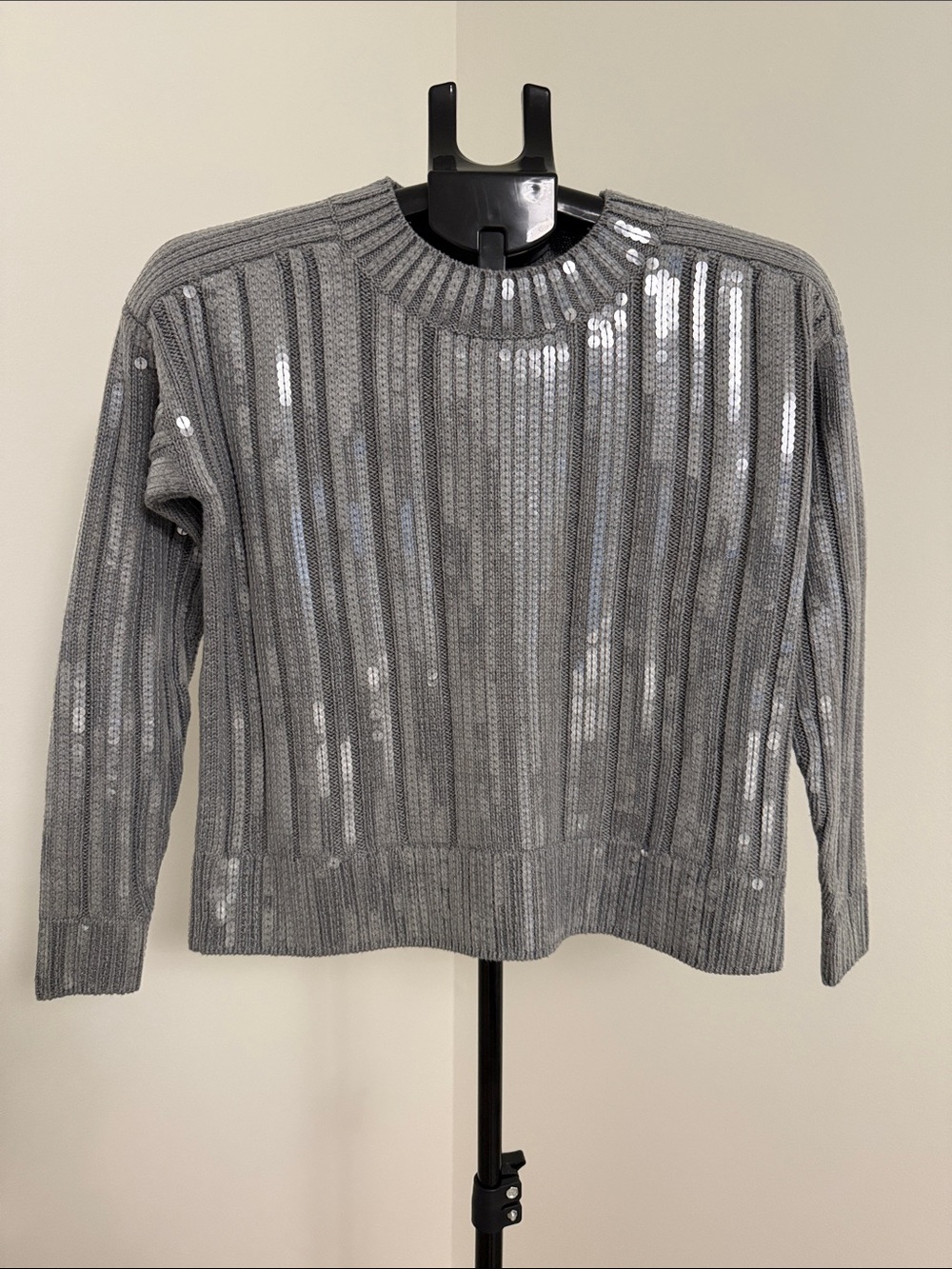 J. Crew Silver Gray Sequin Ribbed Crewneck Sweater